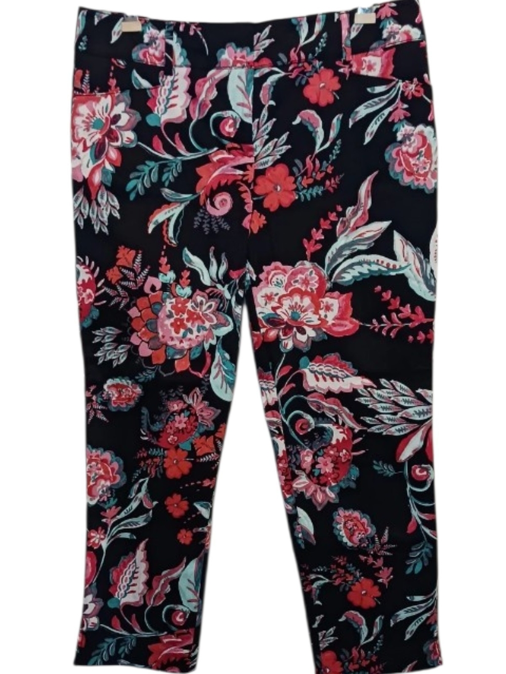 NY&C Women's 10 Floral Print Capri Leggings - Black with Pink & Teal Flowers